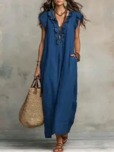 Women blue v-neck ruffle loose pocket maxi dress casual spring long dress for daily wear