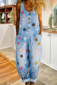 Casual denim overalls jumpsuit with colorful embroidered flower patterns and wide leg streetwear.