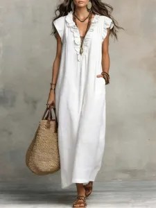 Women spring casual V-neck ruffle loose long dress with pocket elegant daily wear style