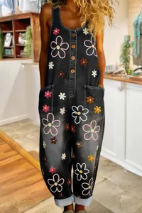 Vintage style embroidered denim bib overalls for women casual loose leg fashion streetwear