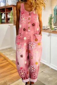 Vintage pink denim overalls for women, retro floral embroidered wide leg jumpsuit streetwear.