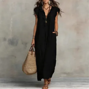 Women's Casual V-Neck Ruffle Sleeveless Long Dress Loose Pocket Maxi Dress