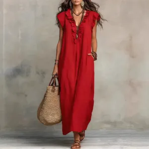Casual red v-neck ruffle long dress for women, loose pocket maxi dress for spring styling.