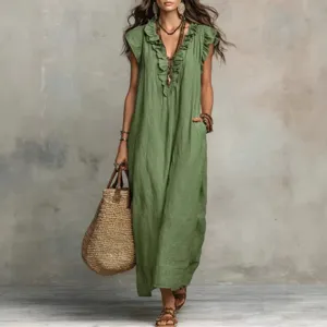 Casual V-neck ruffle long dress for women, loose pocket maxi dress for spring and summer.