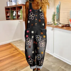 Womens vintage floral denim overalls casual loose wide leg dungarees streetwear fashion jumpsuit