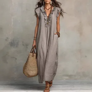 Casual V-neck ruffle loose pocket long dress for women, perfect for spring daily wear and style.