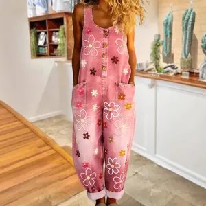 Women vintage floral embroidered pink denim dungarees casual loose wide leg overalls main.