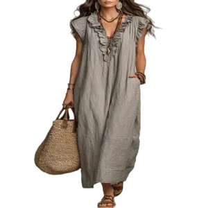 Casual V-neck ruffle loose pocket women's maxi dress, perfect for spring daily wear.