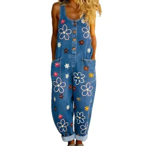 Women vintage denim overalls casual loose wide leg floral embroidered jumpsuits cute streetwear