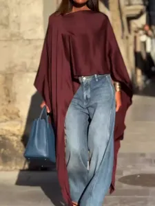 Donna Casual Manica Lunga Larga Tinta Unita Orlo Irregolare Maglietta Poliestere Top Base
