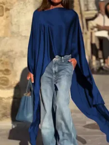 Top donna manica lunga tinta unita orlo asimmetrico ampio stile casual da strada alla moda