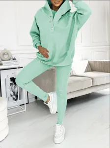 Detailed view of the mint green 3-piece loungewear set featuring a cozy hoodie and ribbed pants.