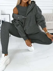 Grey 3-piece ribbed sportswear set including tank top, hoodie, and fitted leggings for women.