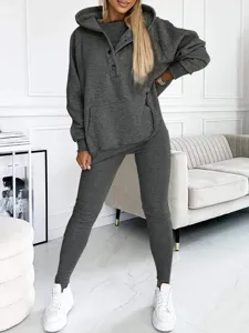 Women three piece lounge set dark grey ribbed hoodie vest and leggings casual activewear