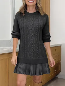 Women winter dark grey cable knit sweater spliced pleated skirt casual outfit main view