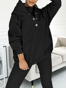 Close up view of the cozy black fleece hoodie and matching ribbed leggings set for daily wear.
