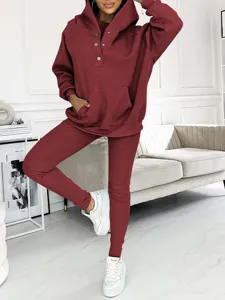 Women's 3-piece ribbed loungewear set hoodie tank top and leggings in burgundy casual wear.