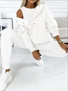 Close-up detail shot of the white 3-piece casual tracksuit set, featuring a hoodie and leggings.