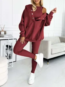 Burgundy Women's Ribbed 3-Piece Casual Tracksuit with Hooded Sweatshirt and Leggings