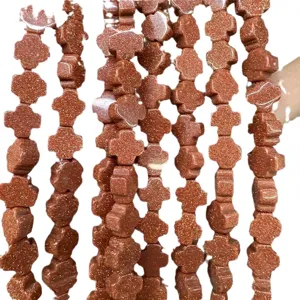 Cuentas en forma de cruz de piedra de sol marrón para hacer joyas DIY y manualidades