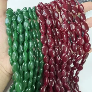 Perles ovales en pierre naturelle de jade malais vert et calcédoine rouge pour bijoux DIY