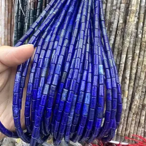 Detailed view of 4x9mm blue natural lapis lazuli tube beads for handmade jewelry crafts