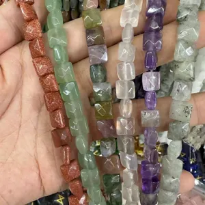 Cuentas Sueltas de Piedra Natural Cuadrada Facetada Tira de Cuentas de Cristal Ágata Cubo Doble Cara para Artesanía Bricolage Creación Joyas