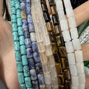 Mixed natural stone cylinder beads for DIY jewelry making including Tiger Eye and Turquoise
