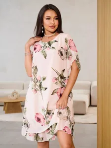 Chic robe mi-longue rose clair à fleurs manches courtes, idéale pour l'été et les occasions.