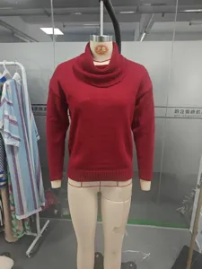 Solid color red long sleeve cowl neck sweater women winter knitwear casual warm pullover top