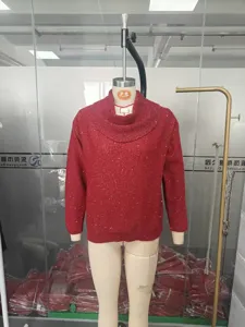 Red glitter cowl neck sweater detail view, cozy knit long sleeve top for autumn and winter wear.
