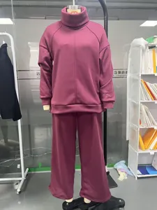 2025 autumn winter solid color turtleneck sweatshirt casual wide leg pants two piece set women