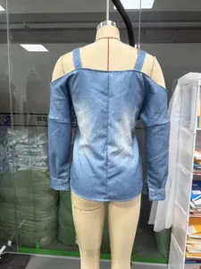 Back detail of the 2026 new women's off-shoulder denim top with straps and long sleeves.