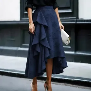 Detail view of the elegant navy blue high-low ruffled midi skirt with floral embroidery patterns.