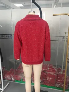 Winter women long sleeve sparkly knit sweater red cardigan casual chic stylish apparel