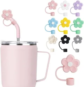 Silicone flower straw topper detail view, cute dust cap accessory for 10mm tumblers.