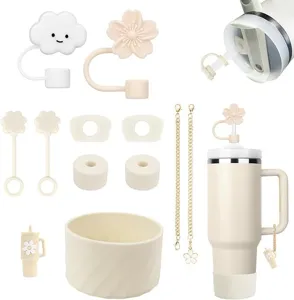Schattige kersenbloesem rietje cover siliconen tumbler accessoires set met ketting en hoes.