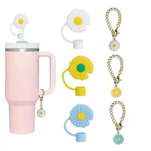 Cute daisy straw topper and metal chain charm set for 10mm tumblers, sweet pink cup decor.