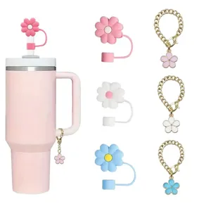 Cute daisy flower straw cover and chain charm set for 10mm tumblers, decorative accessories.