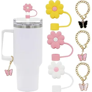 Daisy straw covers and butterfly chain charms set for tumblers, cute cup accessories.
