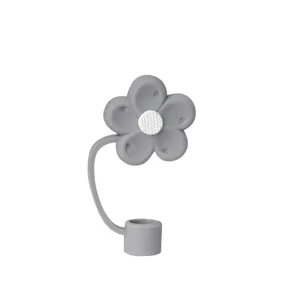 Silicone straw cover detail shot, grey flower shape, 10mm size, cute dust cap for cups.