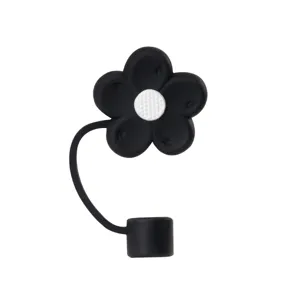 Silicone flower straw cover detail, black and white design for 10mm tumbler straws.
