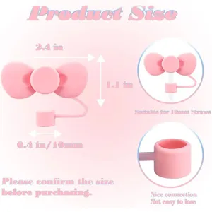 Pink bow straw cover detail view, showing product dimensions and 10mm straw compatibility.