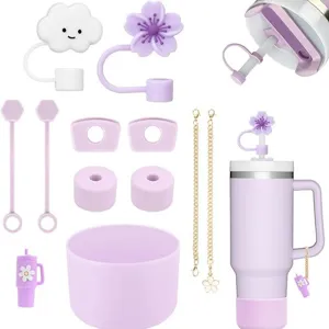 Schattig Siliconen Kop Accessoires Set Met Rietje Hoes Lekdichte Stop Bodemhoes En Metalen Ketting Voor Drinkfles