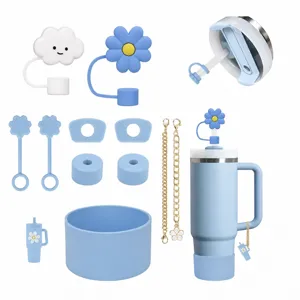 Blauwe waterfles accessoires set siliconen rietje covers beker beschermer