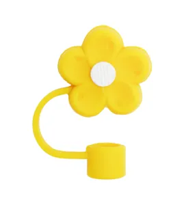 Yellow flower silicone straw topper for 10mm tumbler cups, cute dustproof cover.