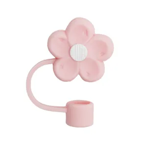 Pink silicone flower straw topper detail, cute dust-proof straw cover for 10mm tumblers.
