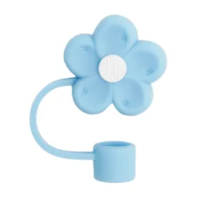 Cute blue flower silicone straw cover for 10mm tumblers, dustproof straw topper cap.