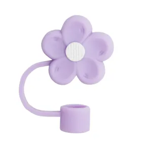 Detailed view of the cute purple silicone flower straw cover, dust-proof straw topper.