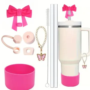 Silicone tumbler accessory set featuring bow straw cover, butterfly chain, and straw brush.